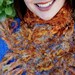 Copper Scarf with Gold, Blue Texture Accents. Hand Knit, Satin Ribbon Women's Fashion Accessory in Pumpkin