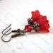 Flower Earrings, Red Lucite Flowers, Red Crystals, Copper