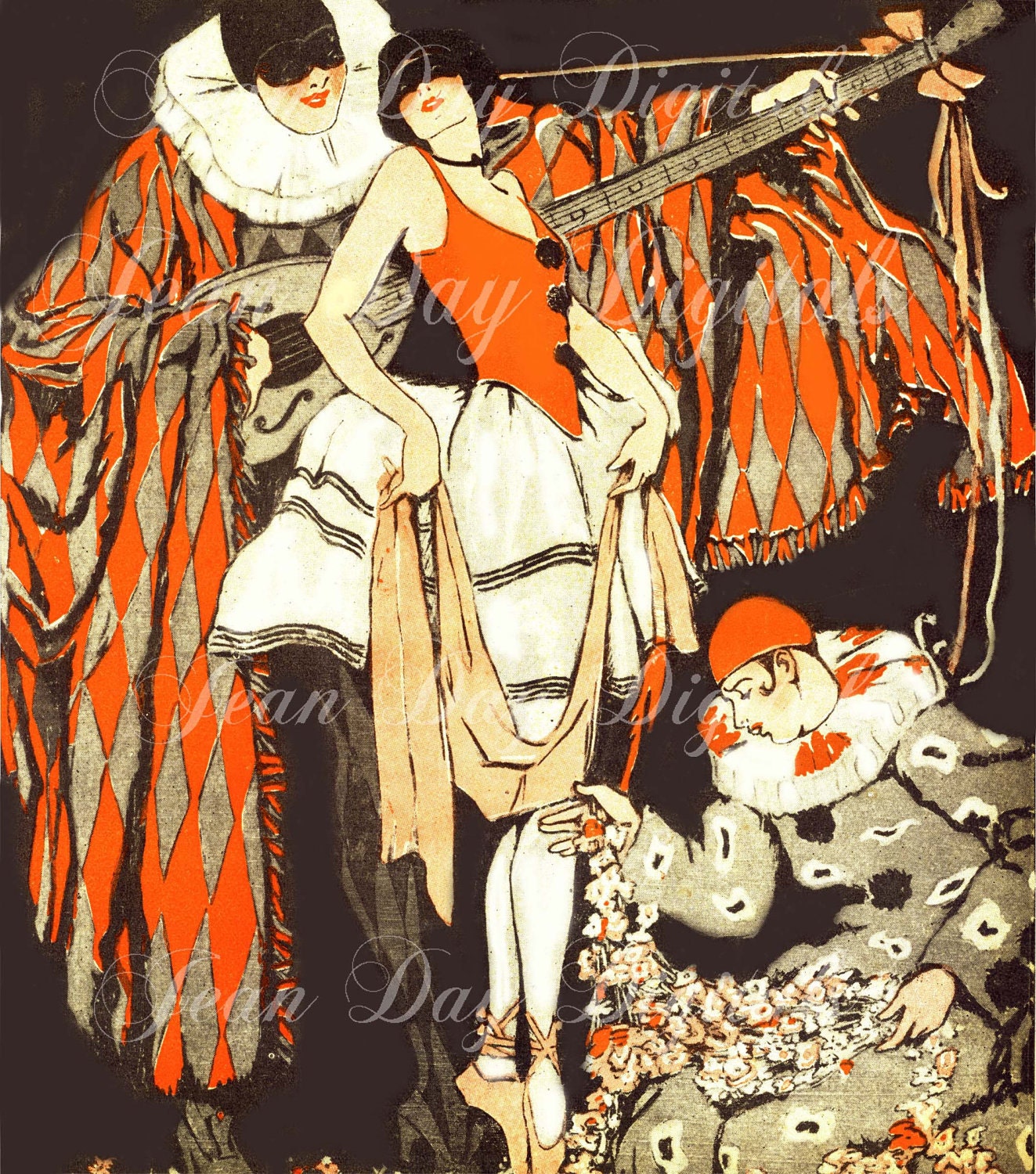 Halloween Art Deco Digital Download Harlequin Seranade to His