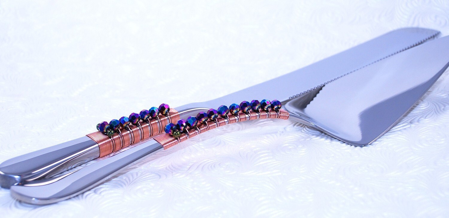 Peacock  Wedding  Cake  Server And Knife  Set  Beaded For Bride On
