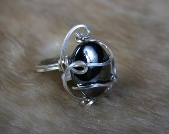 Wire Wrap Ring-Hematite Cab in 18g SS  Size 7