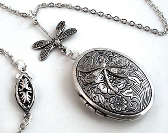 Etched Silver Locket - Flight of the Dragonfly Necklace Jewelry Jewellery