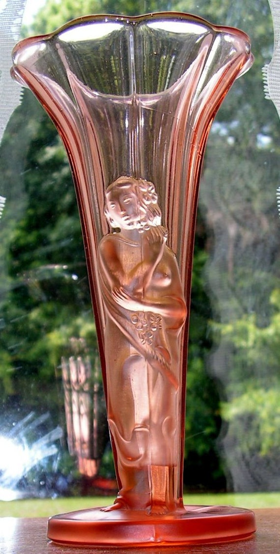 Art Deco Glass Vase Figural Lady Pink Vintage Czech Bohemian 3152