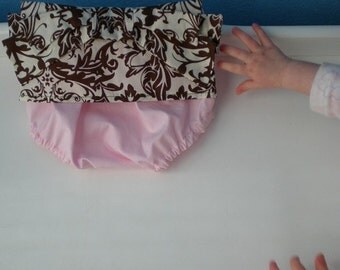 Kimono Sweet Bottoms pink diaper cover with chocolate brown damask bow - Baby girl