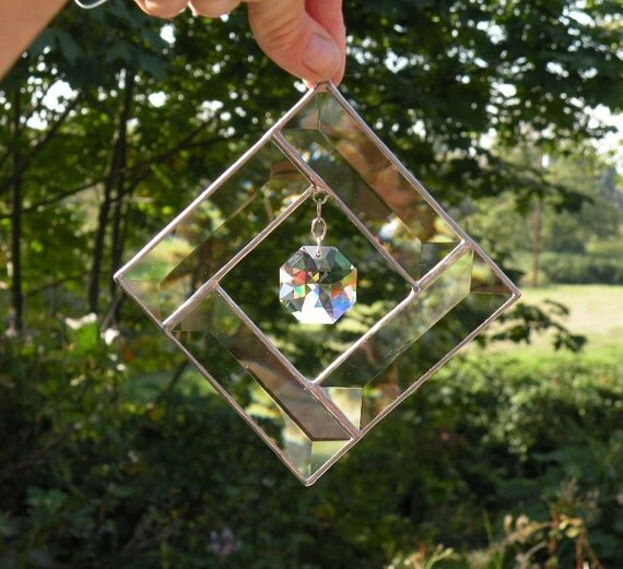 Stained Glass Beveled Sun Catcher window hanging with crystal