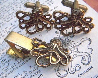 Octopus Cufflinks Set With Tie Clip Rustic Antiqued Brass Finish Gothic Victorian Nautical Steampunk Style Vintage Inspired