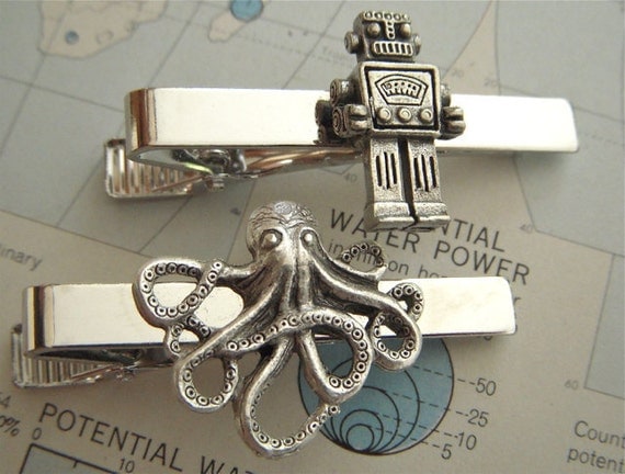 Men's Tie Clips Robot Tie Clip & Octopus Tie Clip Set of 2 Men's Tie Clips Steampunk Accessories Groomsman Gifts Cosmic Firefly Las Vegas