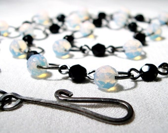 Necklace Opalite and Black Faceted Beads on Handmade Chain - Free Domestic Shipping