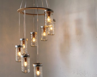 Mason Jar Chandelier, Spiral Waterfall Mason Jar Lighting Fixture With 8 Quilted Pint Jars, BootsNGus Rustic Modern Home Lighting & Decor