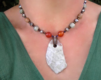Necklace Orange Carnelian with Natural Gray Stone Pendant