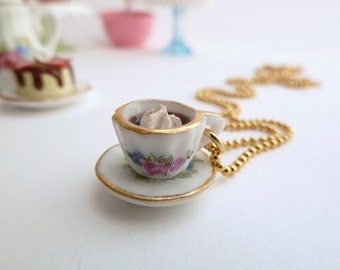 Alice In Wonderland Necklace miniature cup of coffee Charm with whipped cream fake cupcake white frosting time for tea party birthday girls