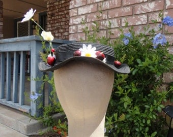 Mary Poppins COSTUME Hat Custom Black Boater Straw Hat Daisy Dasies Cherries Cherry Nanny