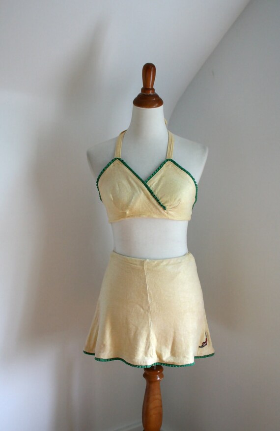 Vintage 1940s Swimsuit Jantzen Yellow & Green Skirted Two