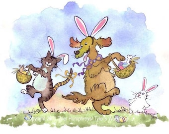 Easter Cards Watercolor - Funny Easter Greeting Card - Funny Cat and Dog Card - Spring Watercolor Pets Cartoon Print 'Easter Pets'