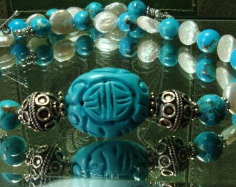Turquoise Necklace Turquoise and Pearl Necklace Carved Turquoise and Coin Pearl Necklace with Sterling