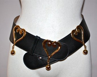 MOSCHINO REDWALL Vintage Leather Hearts Belt Wide Black Gold Heart Dangle Ball - AUTHENTIC -