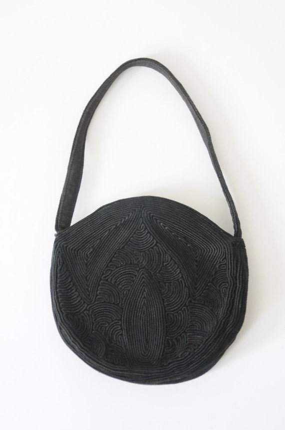 40's BLACK CLUTCH EVENING Bag Round Cord Purse