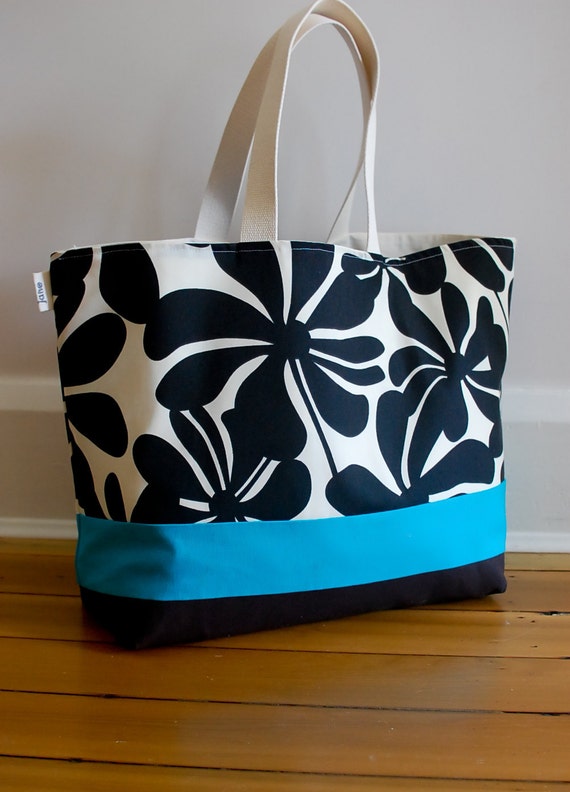 EXTRA Large Beach Bag // Tote in Black Floral with a pinch of