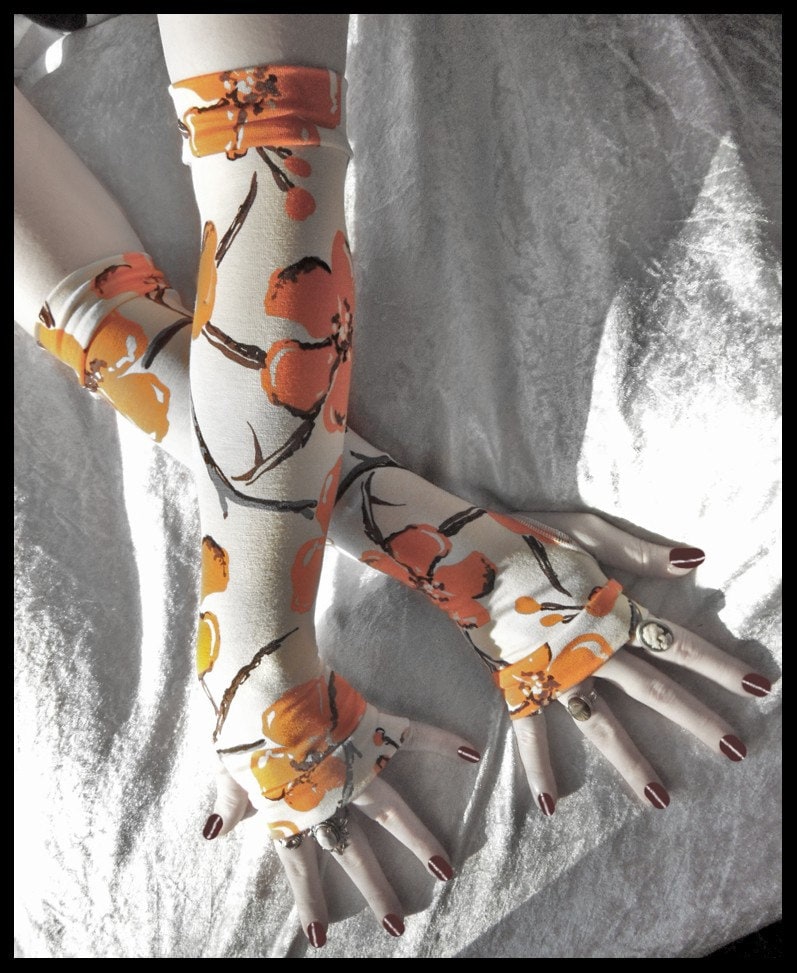 Arm Warmers Gloves in Cream Brown Grey Sumi Style Floral Branches Soft Modal - Orange Blossom - Yoga Light Cycling Mori Hooping Gothic