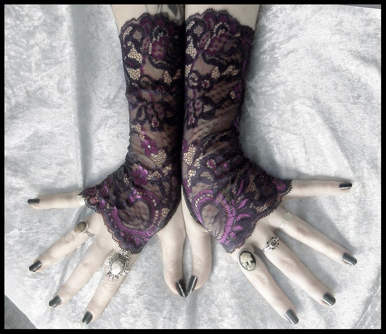 Abelina Long Lace Fingerless Gloves Plum Purple Violet 9612