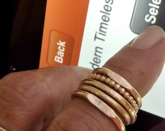 Five Stacking Gold Filled Rings - Rings Set - Wedding Rings - Beaded Dotted Ring - Signet Ring - Hammered Band Ring - Venexia Jewelry