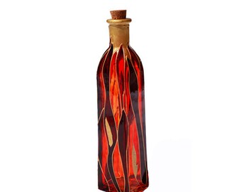 Hand Painted Glass Bottle Orange Burgundy Brown Kitchen decor Orange Flames Home decor- Decorative Glass Art