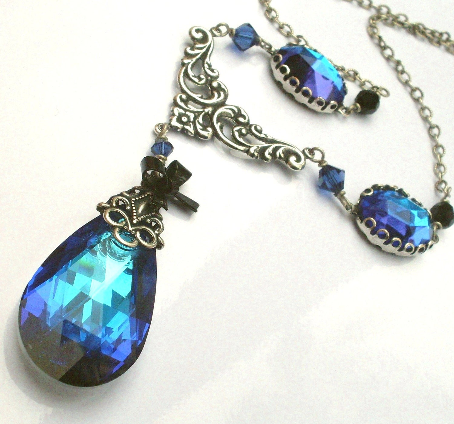 Blue crystal pendant necklace large teardrop filigree