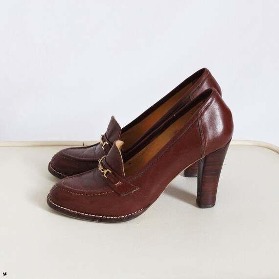 Vintage loafer heels, 70s stacked Heels, Oxford Shoes, Heeled Oxfords