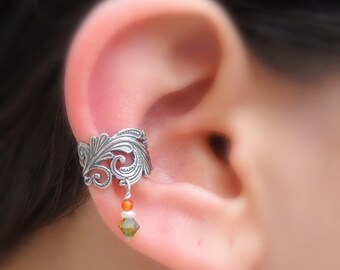 Sterling Silver Ear Cuff - Lace - Pearl-Carnelian - Swarovsky Crystal - Non Pierced - Conch Cuff