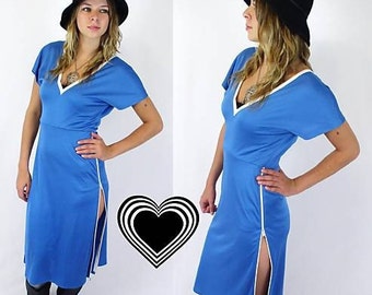 vtg 80s plunging OPEN BACK avant garde DRESS zippers Med blue jersey disco