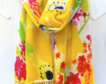 Silk Velvet Scarf Hand Painted. Sunny Yellow Wildflowers. Floral Silk Scarf Fringes. Fall Scarf. Hand Dyed Silk Scarf. 14x72 in.