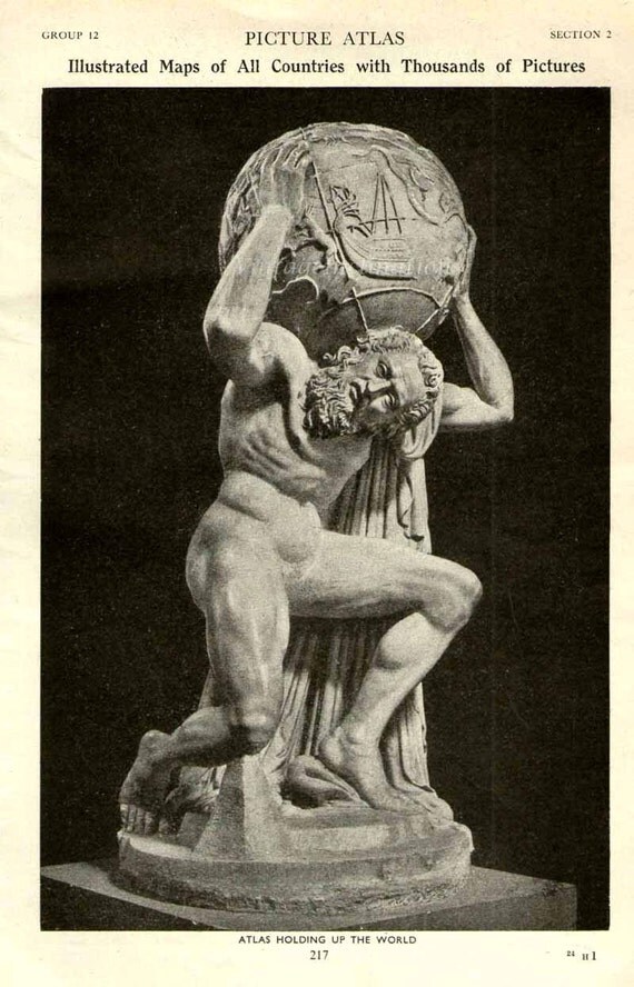 1930 Antique Print ATLAS Holding Up The WORLD map earth globe
