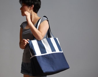 Sailor Tote Bag - Bold Navy and White Stripes Large Canvas Beach Bag