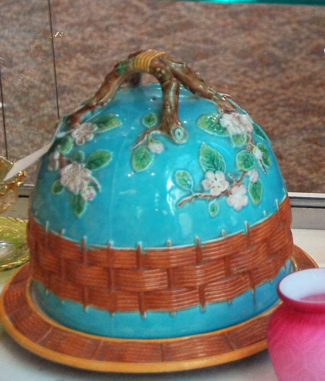 Antique MAJOLICA CHEESE KEEPER Rare Jones Dogwood and