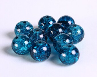 10mm teal blue crackled glass beads - Blue crackle bead - Round glass beads (231) - Flat rate shipping