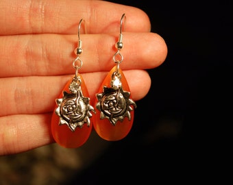 Blazing Hot Sun Earrings -- Bright Orange Teardrops, Silver Sun Pendants