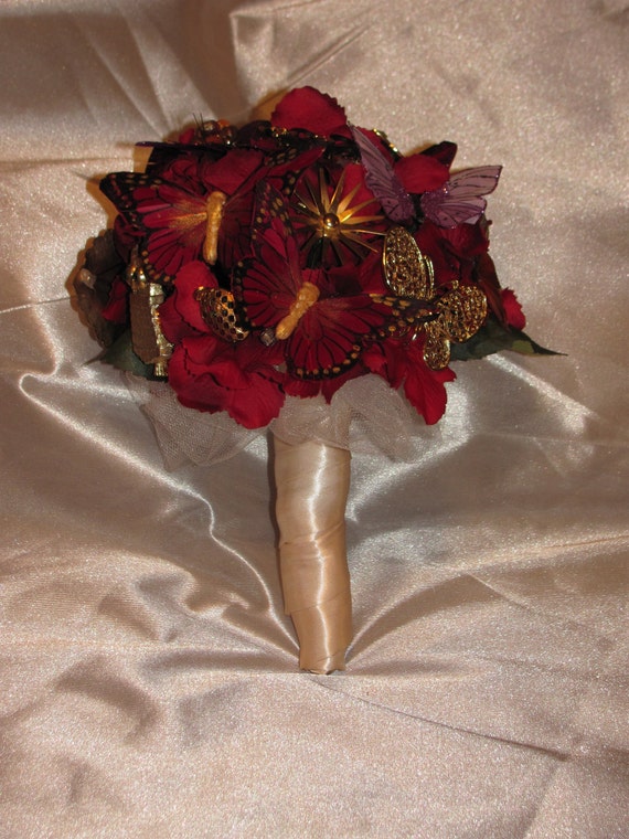 Vintage Brooch Bouquet / Fall / Wedding / Red Hydrangea / Gold