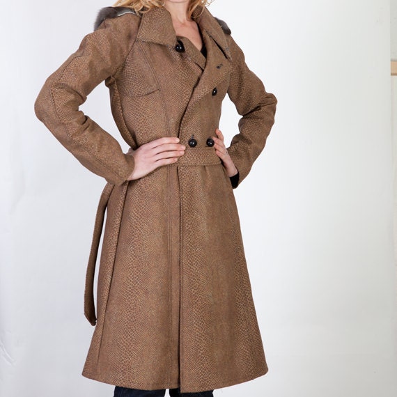 Brown Womens Long Winter Belted Coat with Fur by BritishSteele