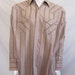 Mens XL cowboy shirt, Plains Western Wear, vintage, beige with brown and light blue stripes, pearl snaps