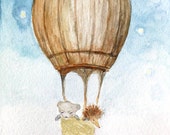 Hedgehog bear watercolor print flying barrel balloon nursery art kids room decor cute illustration