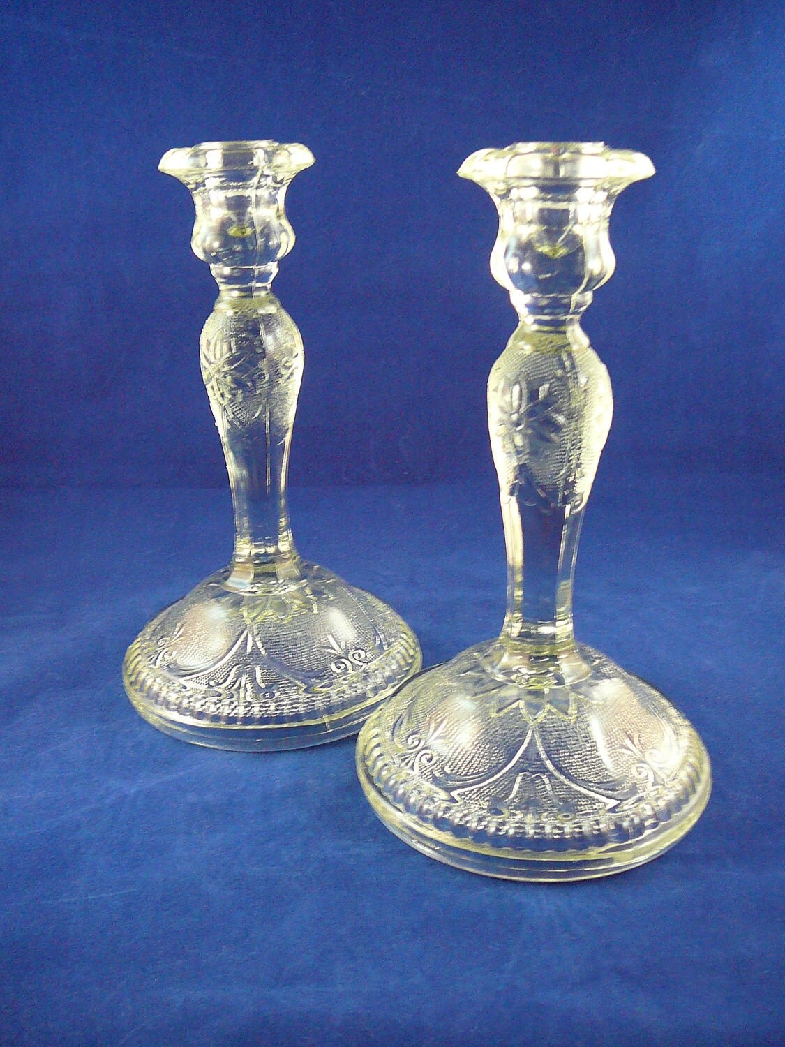 Indiana Glass Tiara Sandwich Clear Glass Candlesticks set of