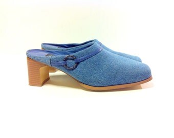 7 Denim Slip On Clogs, Leather Chunk Heel Blue Jean Mules 7