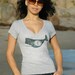 Woman slim V-neck designer shirt with a screen printed Whale Heather Gray t shirt top