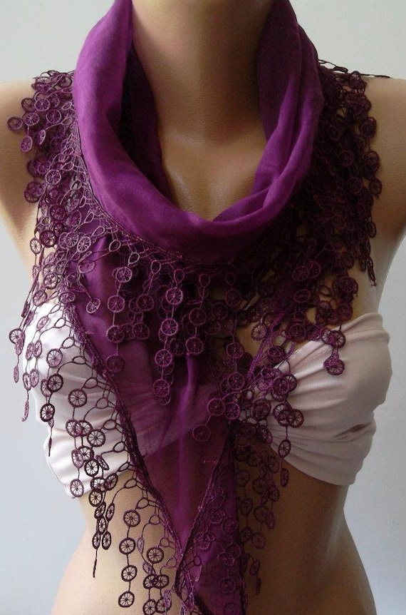 Purple Elegance Shawl / Scarf with Lace Edge by ElegantScarfStore