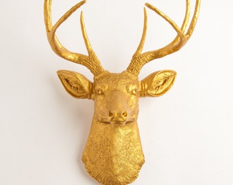 Gold Deer Head Mount by White Faux Taxidermy- The Franklin - Gold Resin Faux Deer Head- Buck head Faux Taxidermy Hanging Wall Decor Ornament