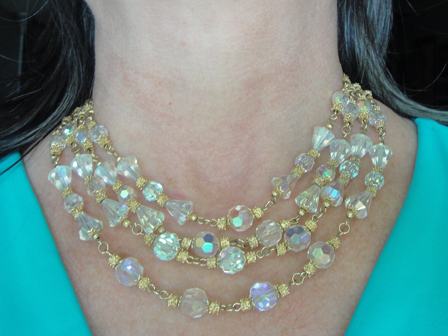 Vintage Vendome necklace multi strand Teardrop Crystal AB gold