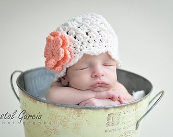Newborn Ivory Beanie with Flowers, White Hat for Baby Girls, Ivory Baby Hat, Infant Hat with Flowers, Baby Girls Hat, girls winter hat
