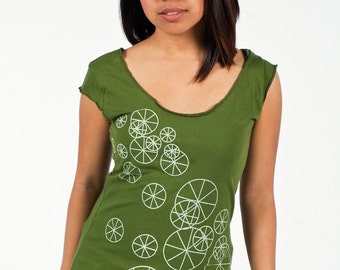 SALE - M,L - Graphic tee for women, womans tops tshirts, silkscreen womens t-shirt, womens tees, tops & tees, olive green tshirt, wheels