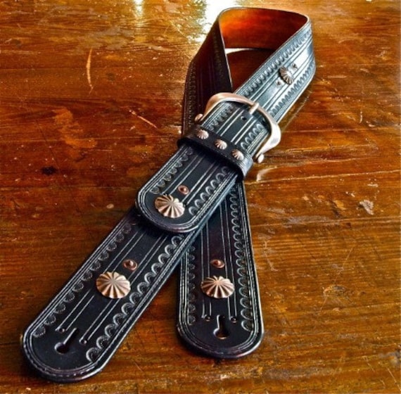 Leather Guitar strap Hand tooled, Black Leather OUTLAW Cowboy Rockstar Country vintage Conchos handmade for YOU in NYC by Freddie Matara!