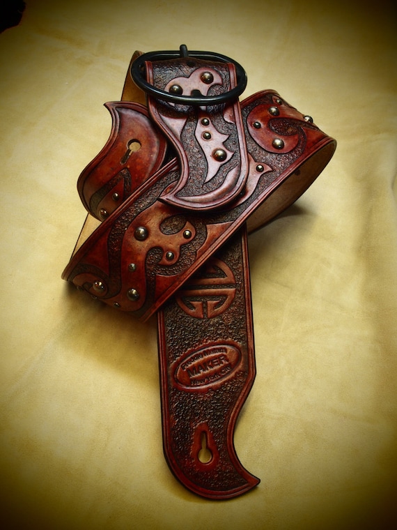 Leather Guitar strap Antique RED Hand tooled, Handmade, Asian tribal style with Fine hand work made for YOU in NYC by Freddie Matara!